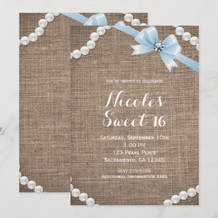 Burlap & Pearls Blue Bow Glamour Sweet 16 Party Invitation