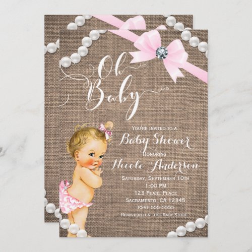 Burlap  Pearls Pink Bow Blonde Baby Girl Shower Invitation