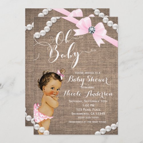 Burlap  Pearls Pink Bow Brunette Tan Baby Shower Invitation