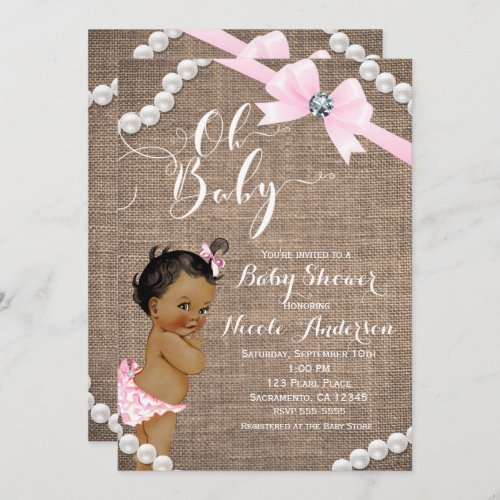 Burlap  Pearls Pink Bow Ethnic Girl Baby Shower Invitation