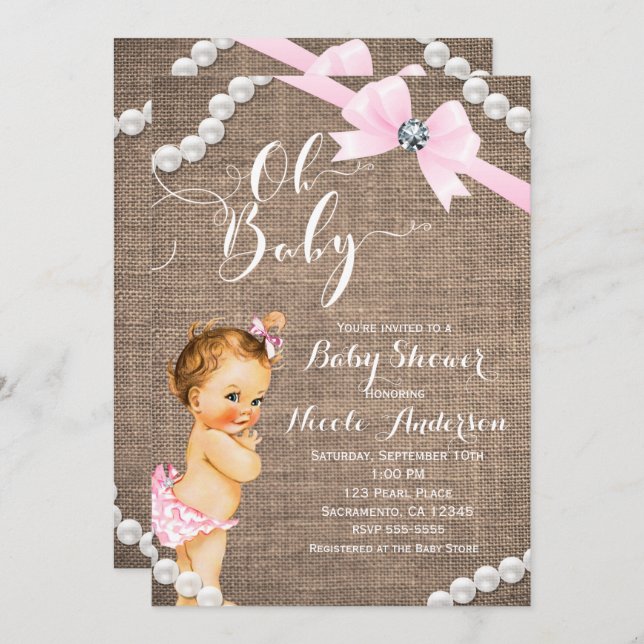 Burlap & Pearls Pink Bow Girls Baby Shower Invitation (Front/Back)