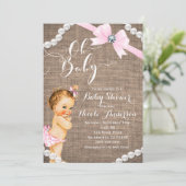 Burlap & Pearls Pink Bow Girls Baby Shower Invitation (Standing Front)