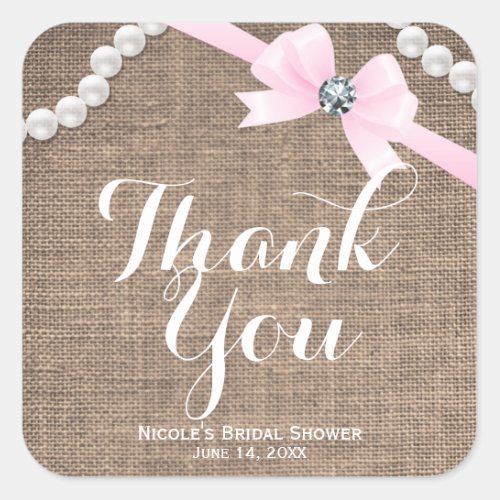 Burlap  Pearls Pink Bow Glamour Party Favor Square Sticker