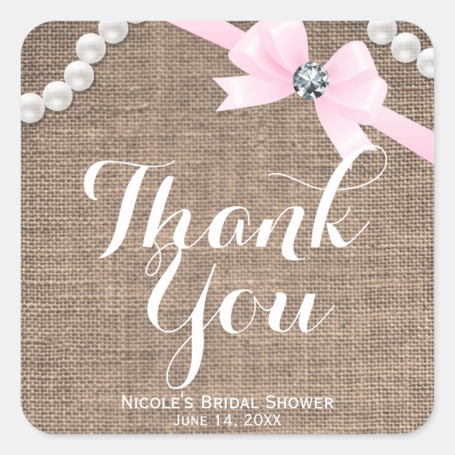 Burlap & Pearls Pink Bow Glamour Party Favor Square Sticker (Front)