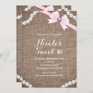 Burlap & Pearls Pink Bow Glamour Sweet 16 Party Invitation