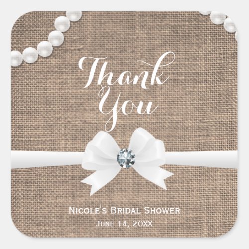 Burlap  Pearls Rustic Glamour Bridal Shower Favor Square Sticker