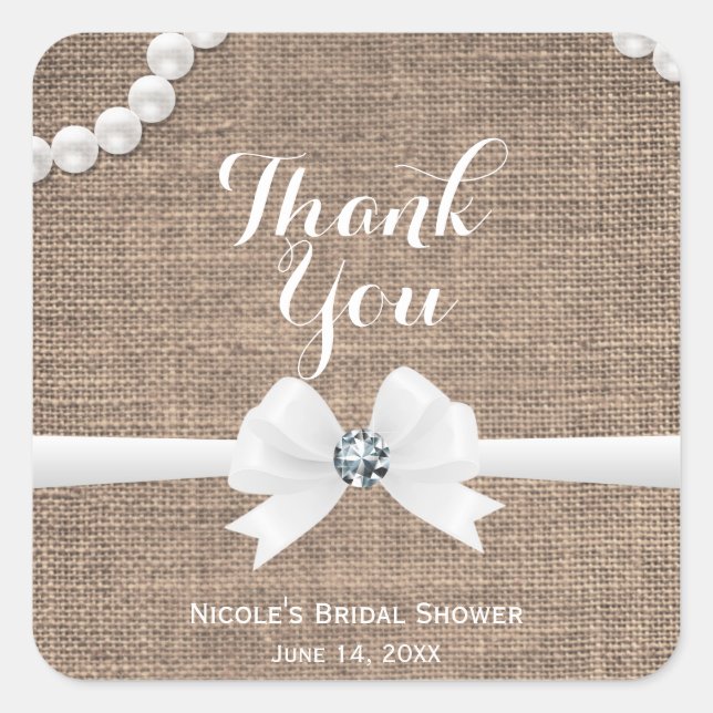 Burlap & Pearls Rustic Glamour Bridal Shower Favor Square Sticker (Front)