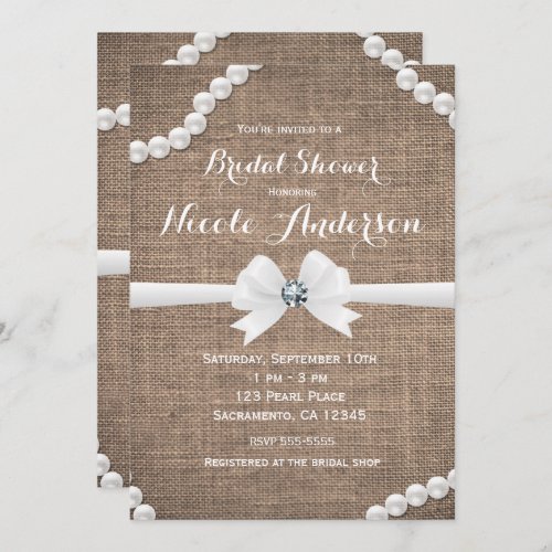 Burlap  Pearls Rustic Glamour Bridal Shower Invitation