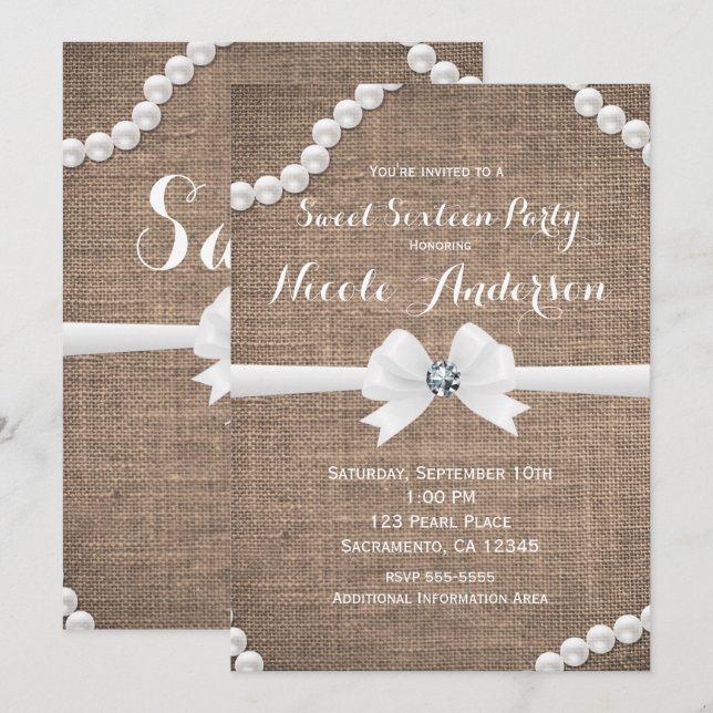 Burlap & Pearls Rustic Glamour Sweet 16 Party Invitation (Front/Back)