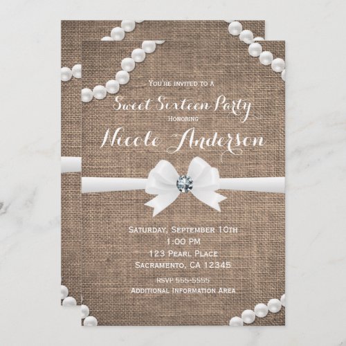 Burlap  Pearls Rustic Glamour Sweet 16 Party Invitation