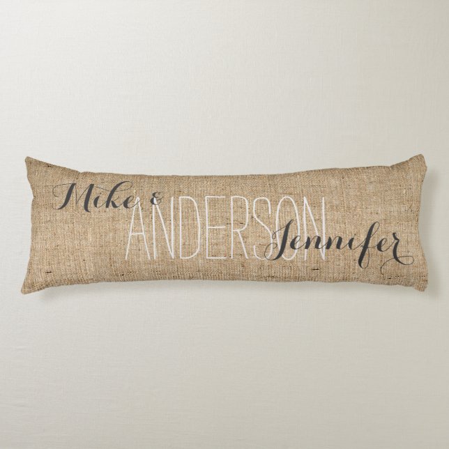 Burlap Personalize Wedding Names Date Gift Body Pillow (Front)
