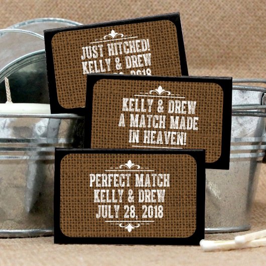 Burlap Personalized Black Matchboxes - Set Of 50 (Front)