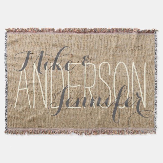 Burlap Personalized Wedding Bride & Groom's Names Throw Blanket (Front)