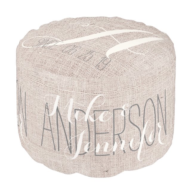 Burlap Personalized Wedding Names Date Faux Linen Pouf (Angled Back)