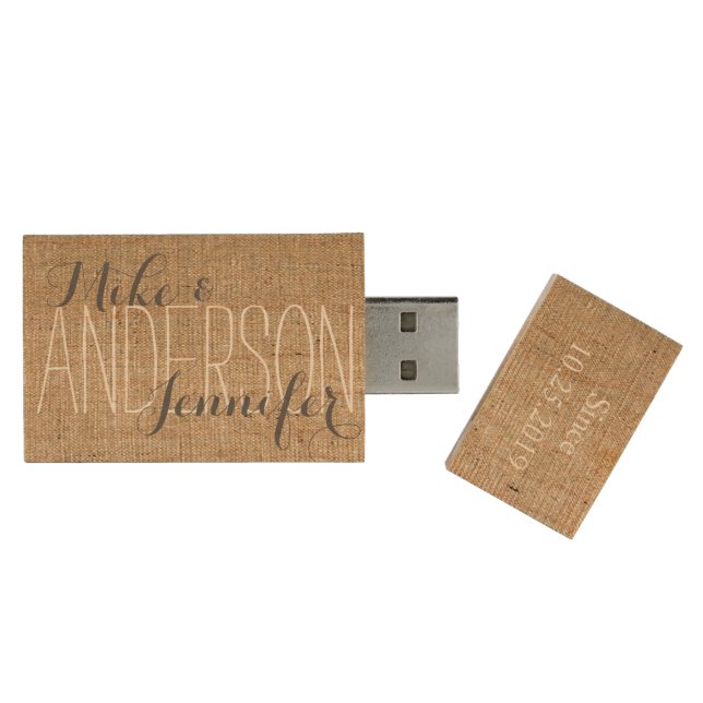 Burlap Personalized Wedding Names Date Gift Wood USB Flash Drive (Opened)