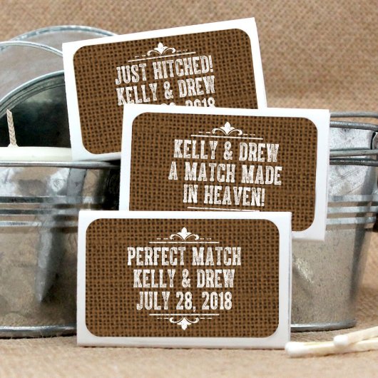 Burlap Personalized White Matchboxes - Set Of 50 (Burlap)