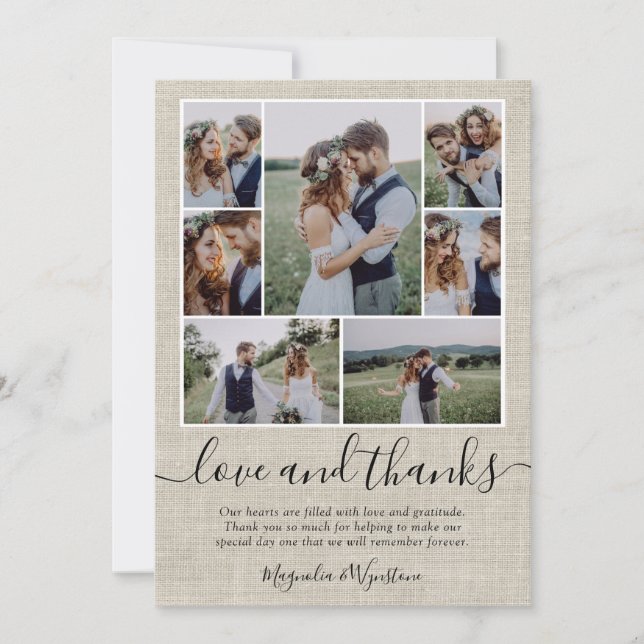 Burlap Photo Collage Wedding Thank You Card (Front)