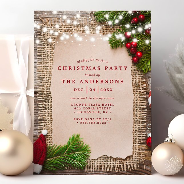 Burlap Pine String Lights Rustic Christmas Party Invitation (Creator Uploaded)