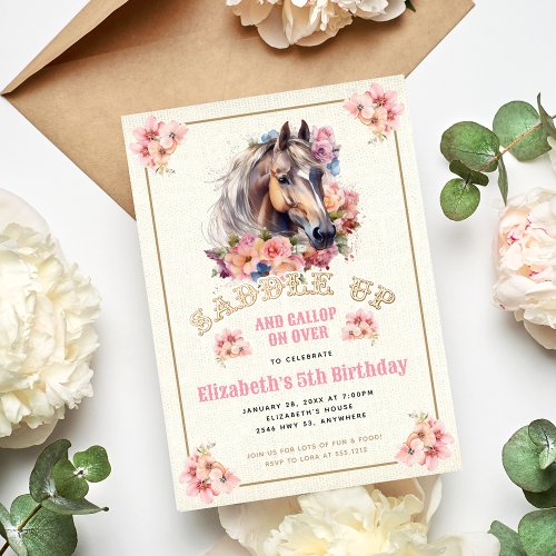 Burlap Pink Floral Horse Birthday Party Invitation