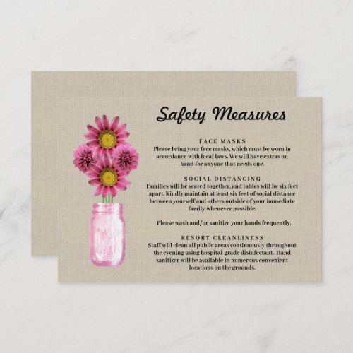 Burlap Pink Floral Mason Jar Safety Measures Enclosure Card