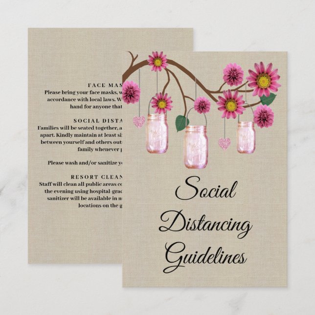 Burlap Pink Floral Mason Jar Safety Measures Enclosure Card (Front/Back)