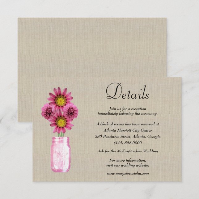 Burlap Pink Floral Mason Jar Wedding Details Enclosure Card (Front/Back)