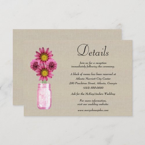 Burlap Pink Floral Mason Jar Wedding Details Enclosure Card