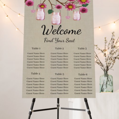 Burlap Pink Floral Mason Jar Wedding Seating Chart Foam Board
