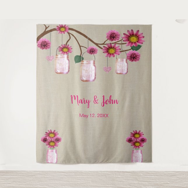 Burlap Pink Floral Mason Jars Photo Backdrop (Front)