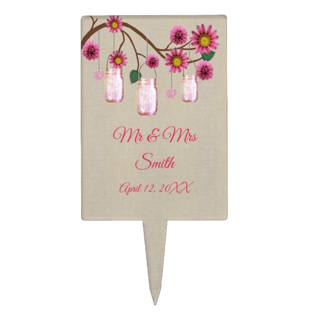 Burlap Pink Floral Mason Jars Wedding Cake Topper (Front)