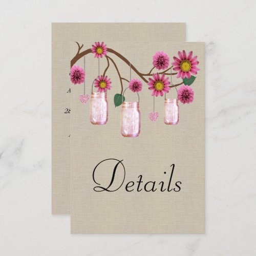 Burlap Pink Floral Mason Jars Wedding Details Enclosure Card