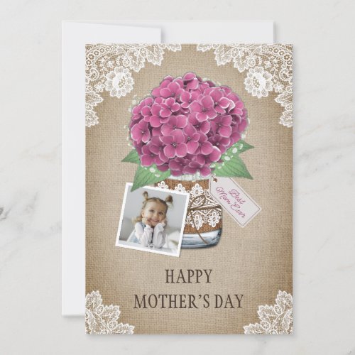 Burlap Pink Floral Photo Happy Mothers Day Card