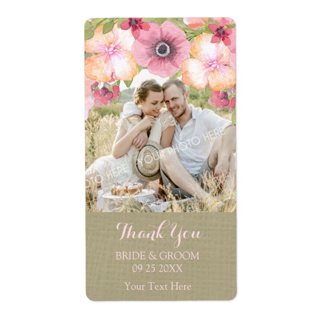 Burlap Pink Floral Photo Wedding Label (Front)