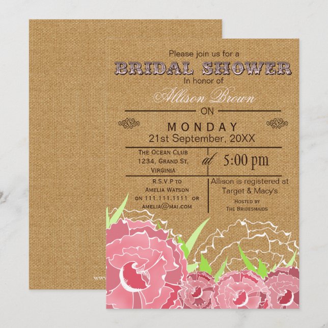 Burlap , pink floral, rustic bridal shower Invites (Front/Back)