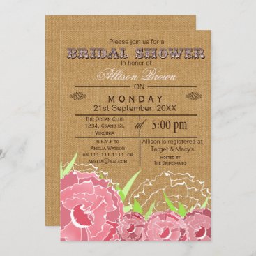 Burlap , pink floral, rustic bridal shower Invites