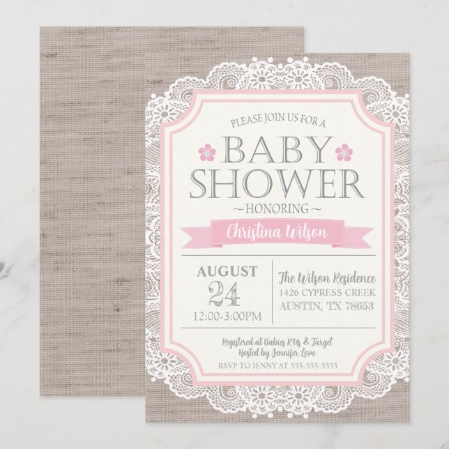 Burlap Pink & Lace Baby Shower Invitation (Front/Back)