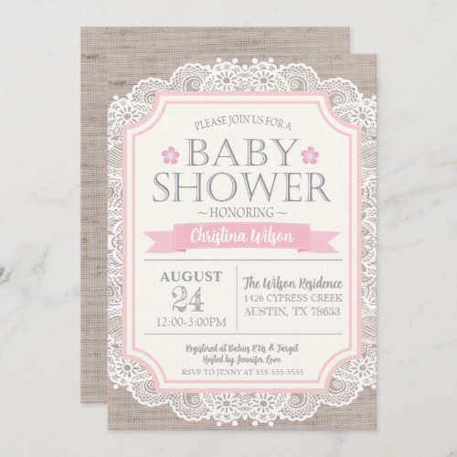 Burlap Pink  Lace Baby Shower Invitation