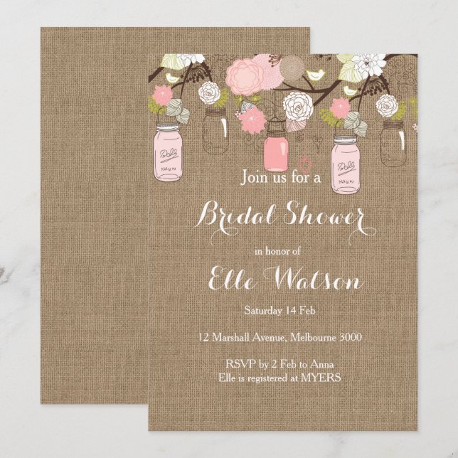 Burlap Pink Mason Jars Bridal Shower Invitation (Front/Back)