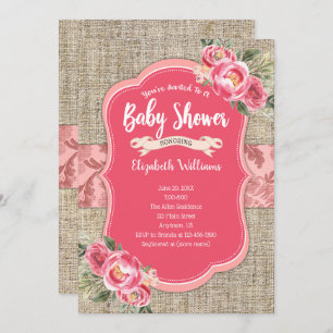Burlap Pink Watercolor Flowers Girl Baby Shower Invitation