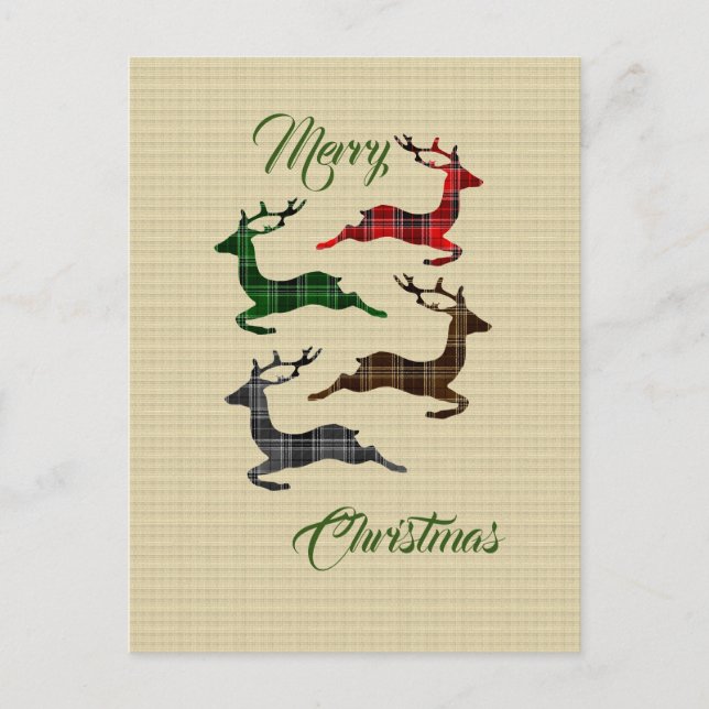 Burlap Plaid Christmas reindeer post card (Front)