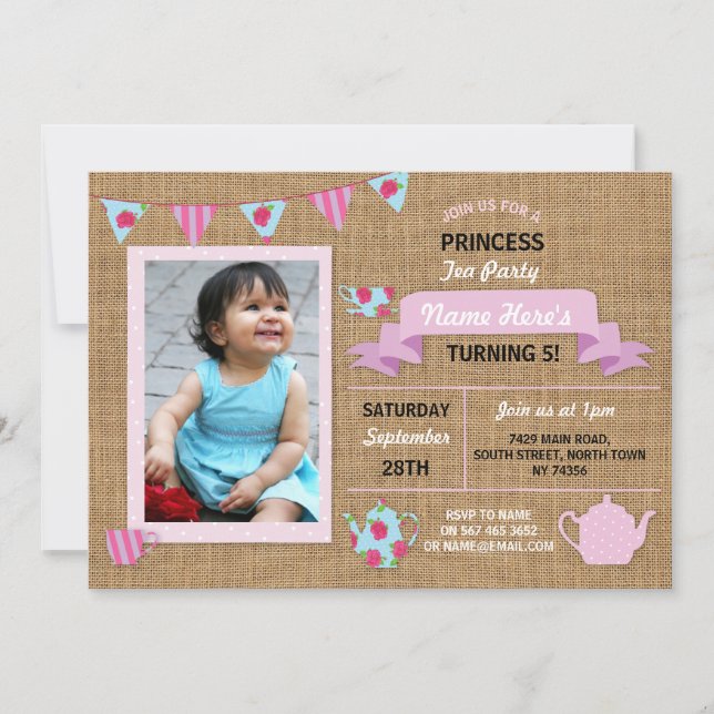 Burlap Princess Tea Party Pink Birthday Invite (Front)