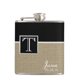 Burlap Print and Monogram Flask