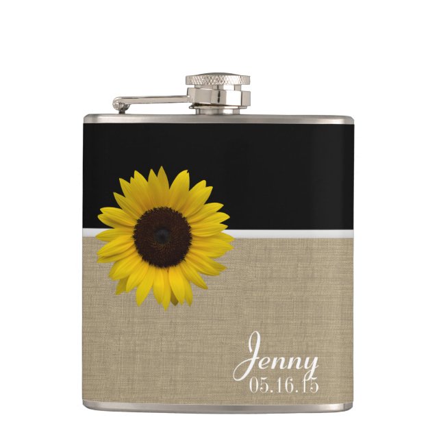 Burlap Print and Sunflower Flask (Front)