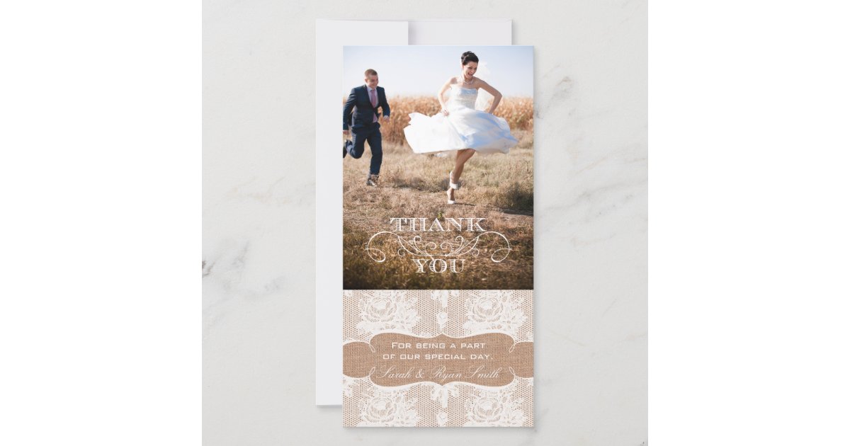 Burlap Print Lace Wedding Thank You Photo Cards | Zazzle