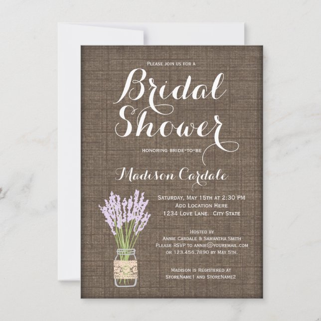 Burlap Print Mason Jar Bridal Shower Invitations (Front)