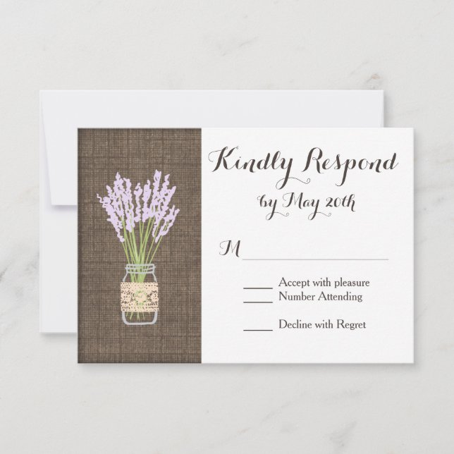 Burlap Print Mason Jar Rustic Wedding RSVP Cards (Front)