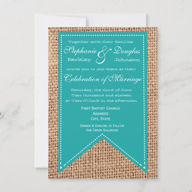Burlap Print Turquoise Rustic Wedding Invitations (Front)