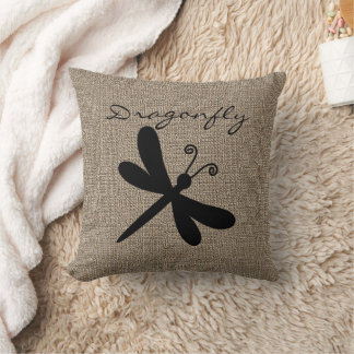 Burlap Print with Silhouette Dragonfly Throw Pillow