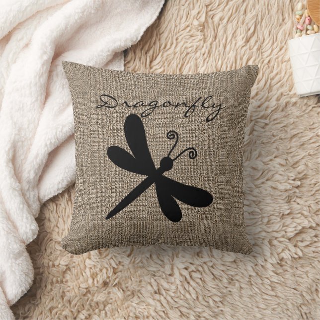 Burlap Print with Silhouette Dragonfly Throw Pillow (Blanket)