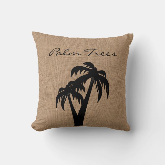 Burlap Print with Silhouette Palm Trees Throw Pillow (Front)